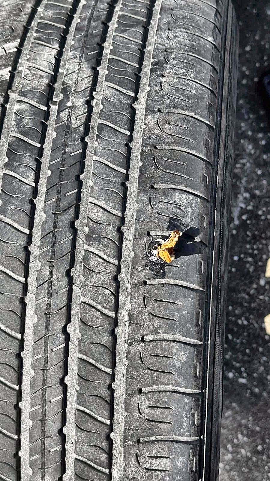 Screw found embedded in a tire's shoulder during inspection