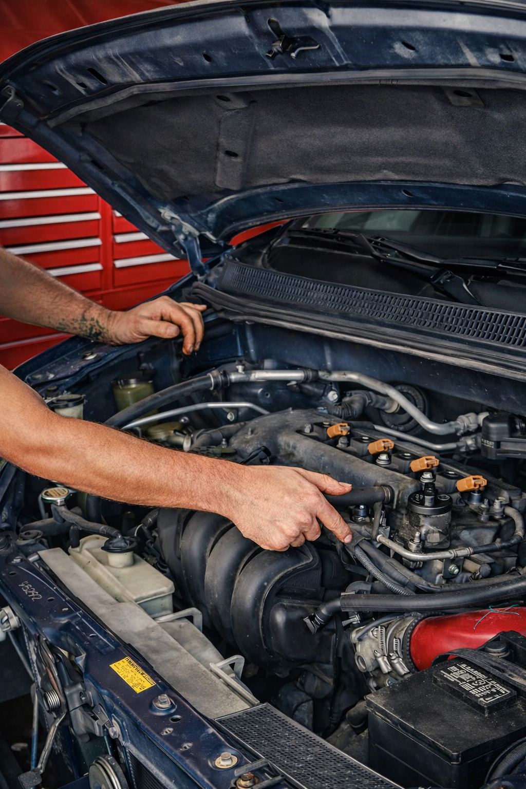 Technician diagnosing an engine bay by hand